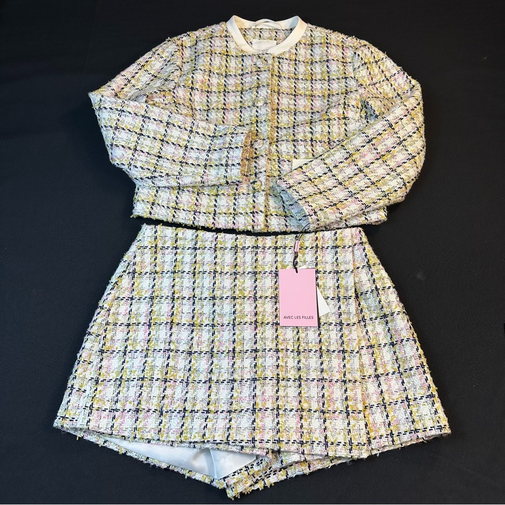 Avec Les Filles Tweed Button Front Jacket Stretch Skort Set